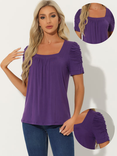 Puff Sleeve Solid Knitted Square Neck Pleated Casual Tops