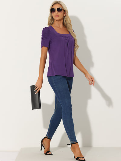 Puff Sleeve Solid Knitted Square Neck Pleated Casual Tops