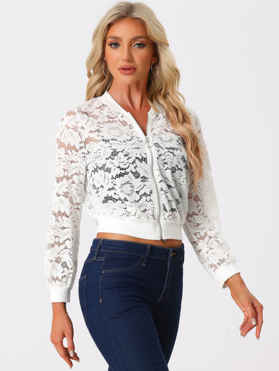 Lace stand Collar Zip Up Mesh Sheer Bomber Jacket