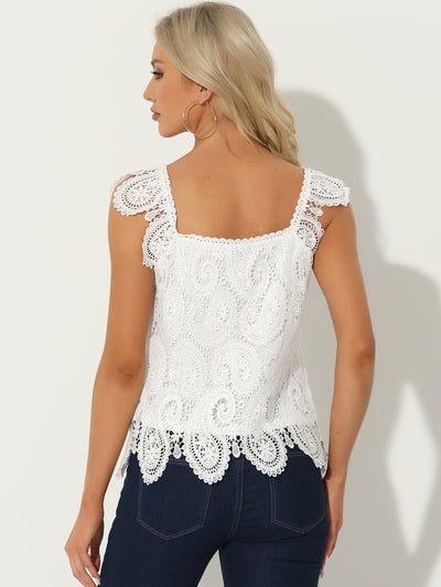 Paisley Lace Square Neck Flutter Sleeve Vacation Blouse