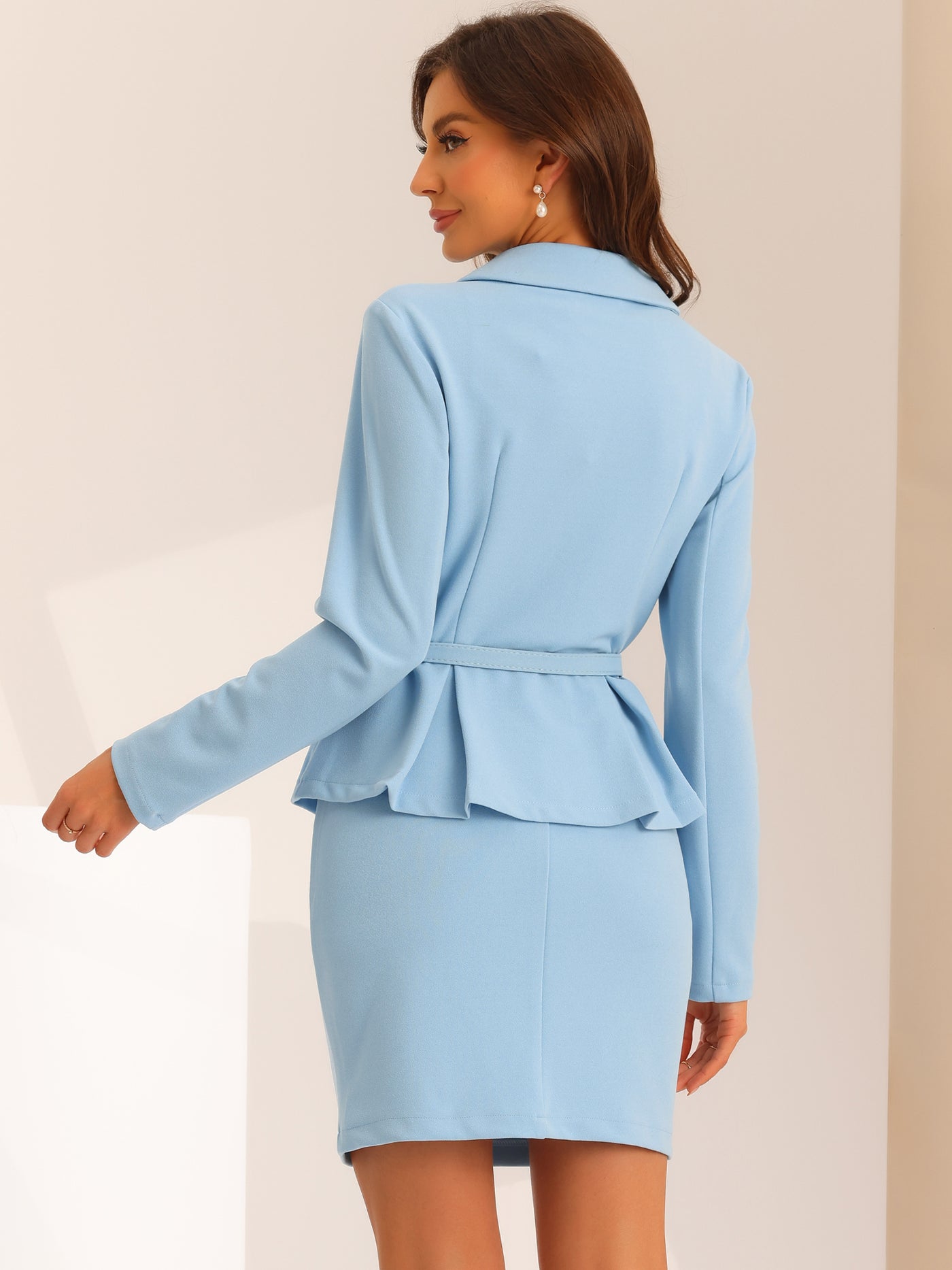 Allegra K 2pc Business Suits Belted Peplum Blazer Jacket and Pencil Skirt Sets