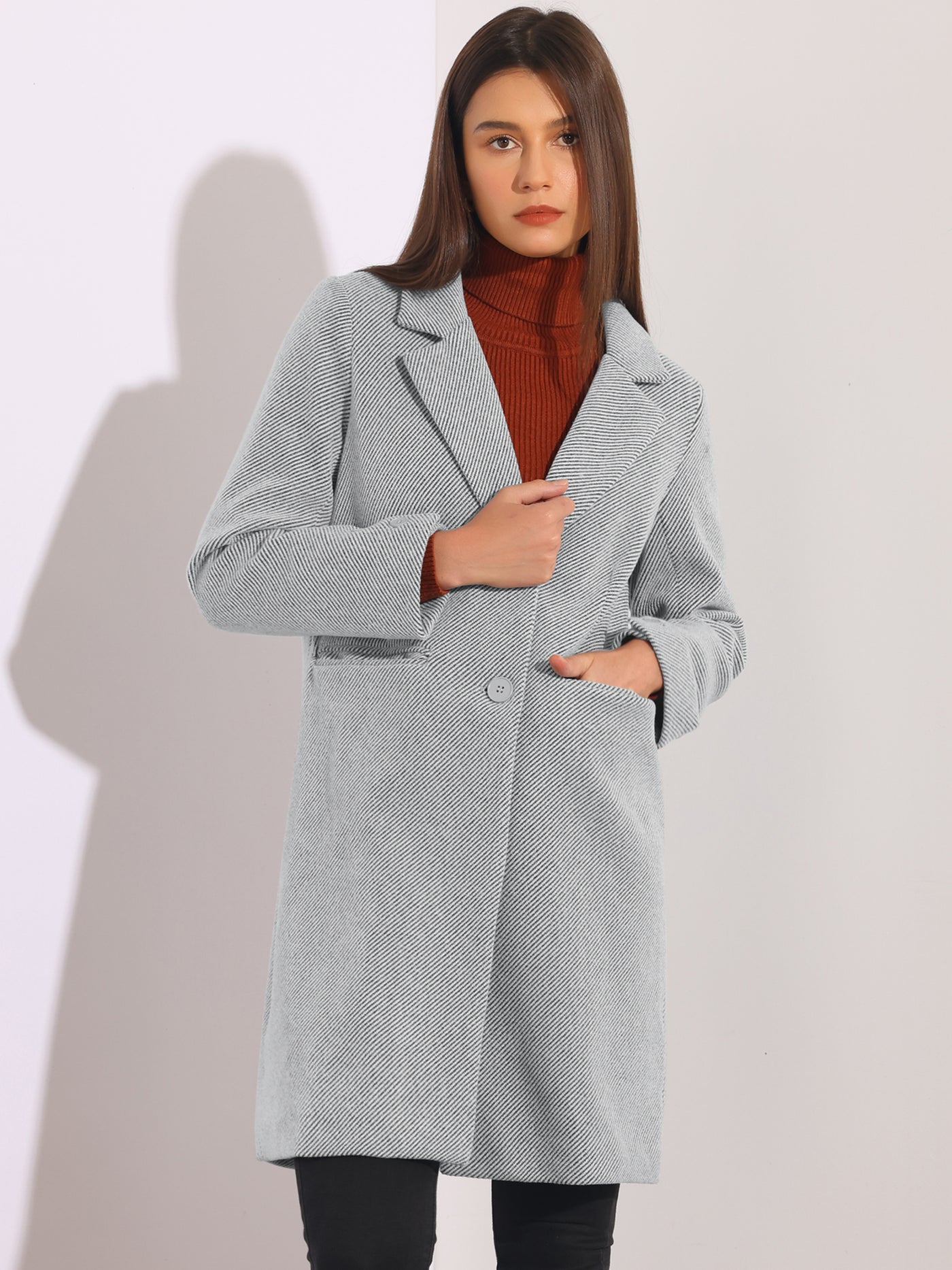 Allegra K Women's Winter Coats Striped Notched Lapel Collar Single Breasted Outerwear Blazer Coat