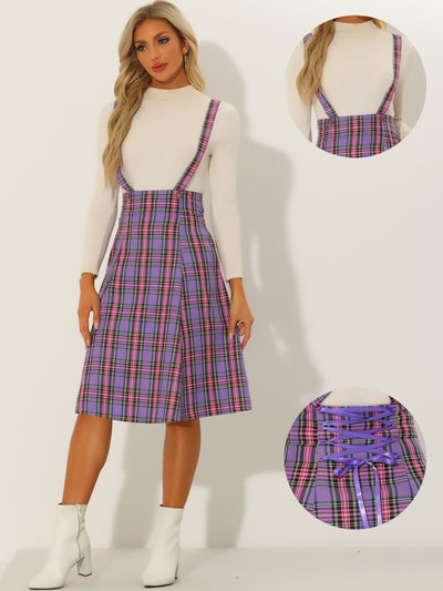 Plaid Overall Tartan Pinafore Suspender Midi Skirt