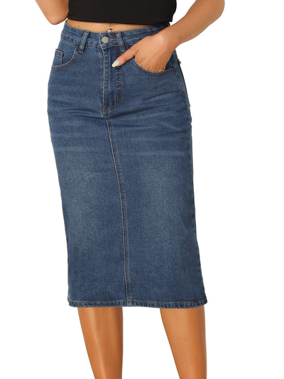 Casual Denim High Waist Stretchy Midi Jean Skirt