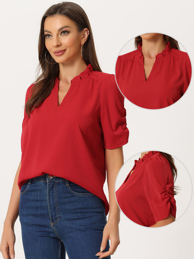 Casual Blouse for Women's Ruffled Stand Collar V Neck Short Sleeve Top