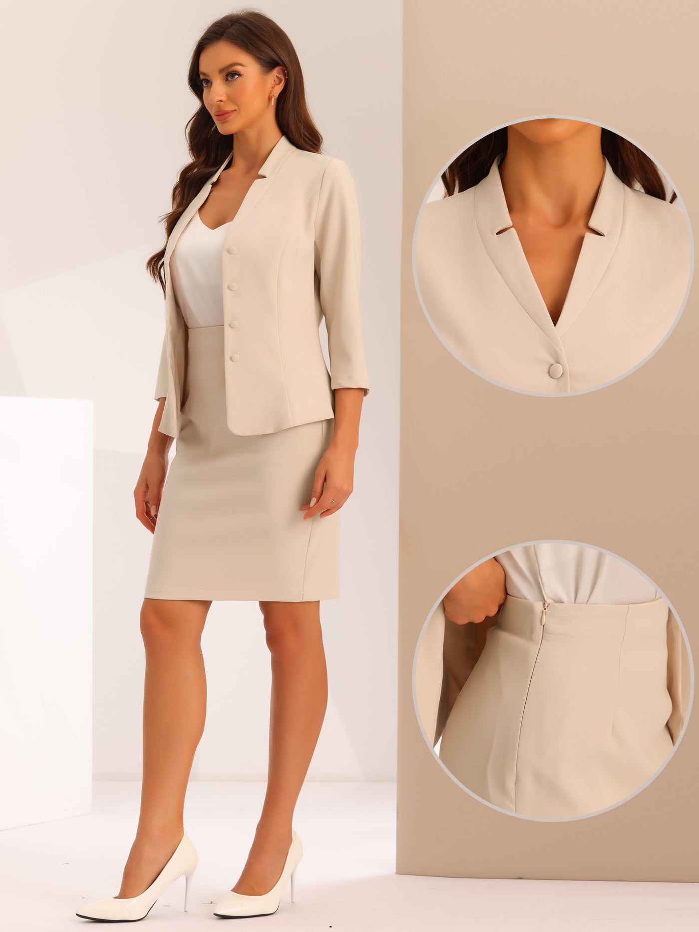Allegra K 2 Piece Notched Collar Blazer and Pencil Skirt Business Suit Set