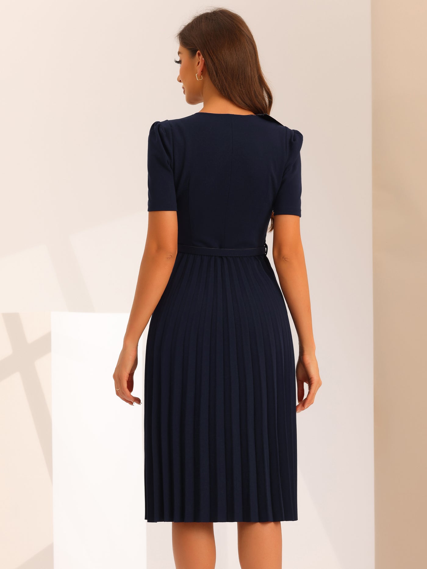 Allegra K V-Neck Short Sleeve Below Knee Belted A-Line Pleated Dress