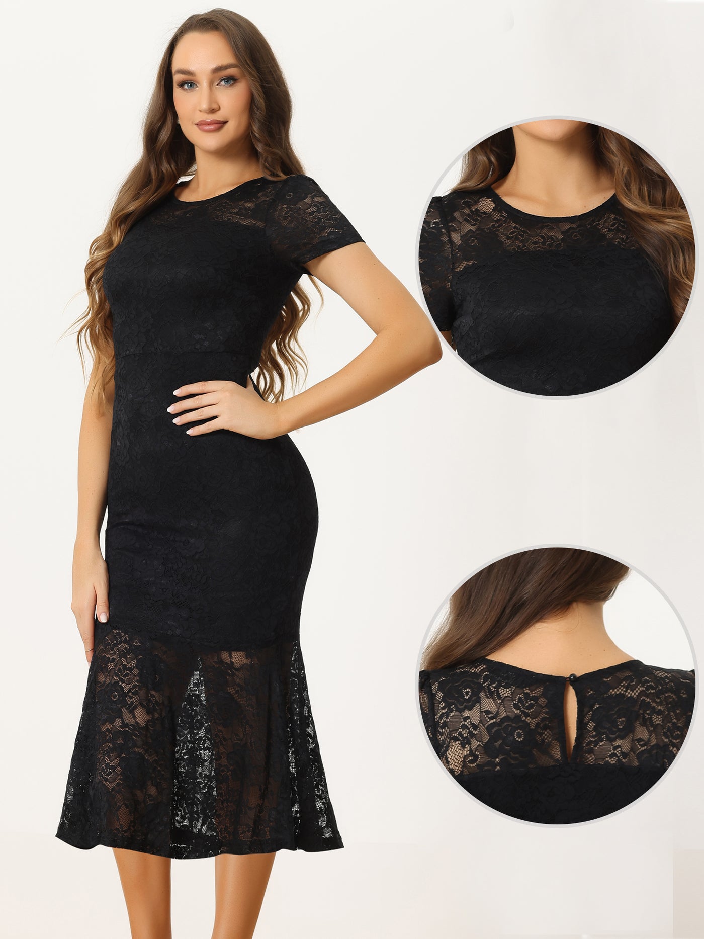 Allegra K Lace Short Sleeve Cocktail Party Mermaid Bodycon Dress