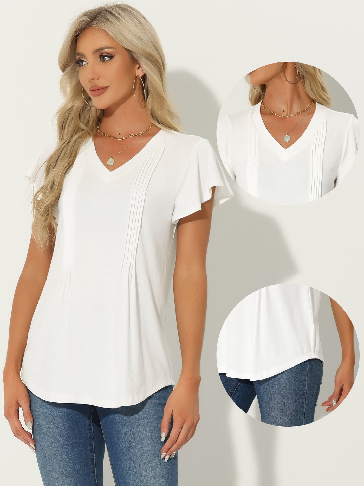 Allegra K Flare Sleeves Pleated Casual V Neck Tunic Blouse