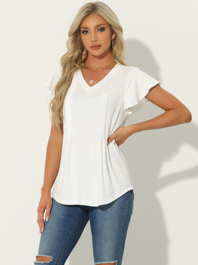 Flare Sleeves Pleated Casual V Neck Tunic Blouse