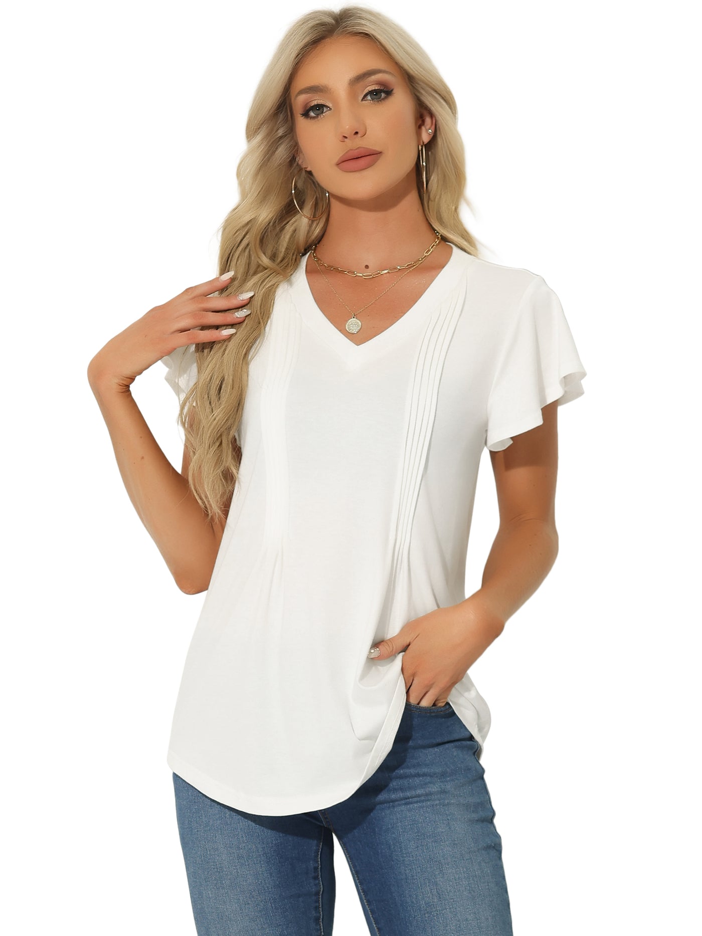 Allegra K Flare Sleeves Pleated Casual V Neck Tunic Blouse