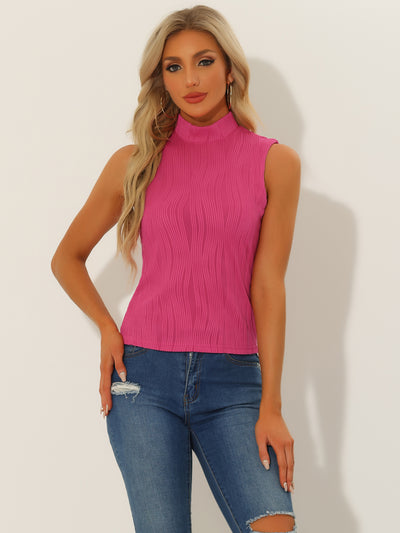 Sleeveless Fitted Top Mock Neck Textured Ribbed Knit Tank Tops