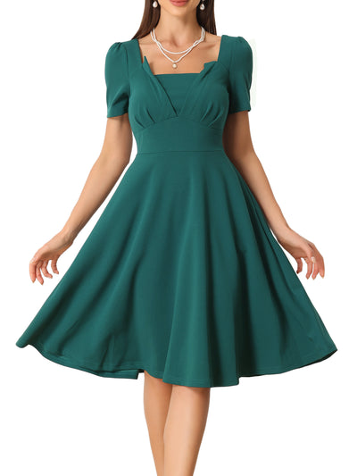 Square Neck Vintage Short Sleeve High Waist Elegant Dress