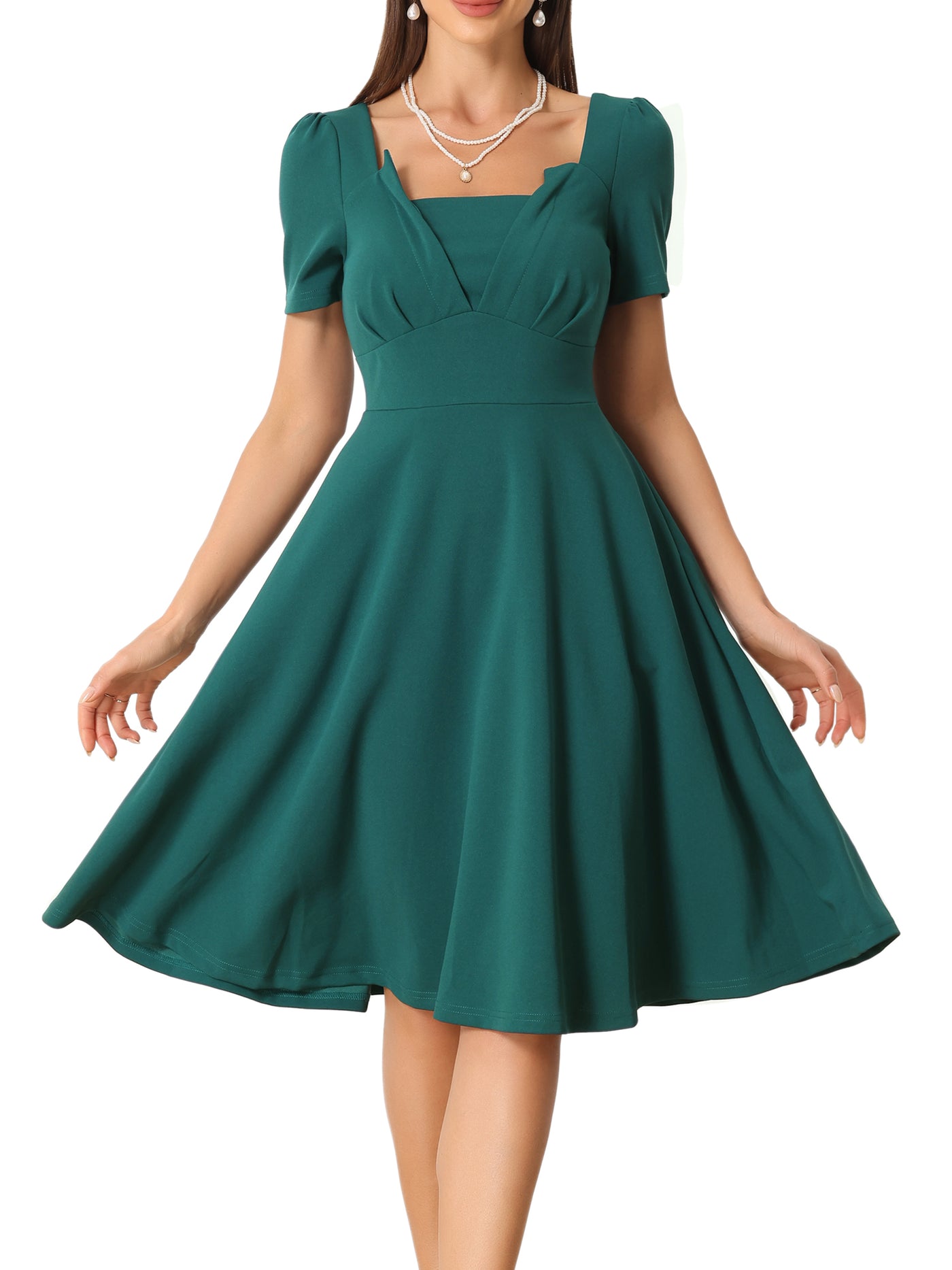 Allegra K Square Neck Vintage Short Sleeve High Waist Elegant Dress
