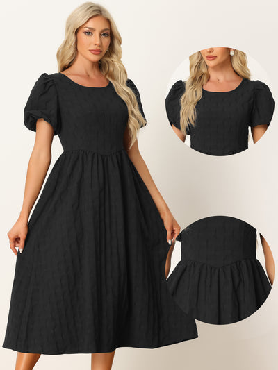 Summer Puff Sleeve Round Neck Solid Textured Fit and Flare Dress