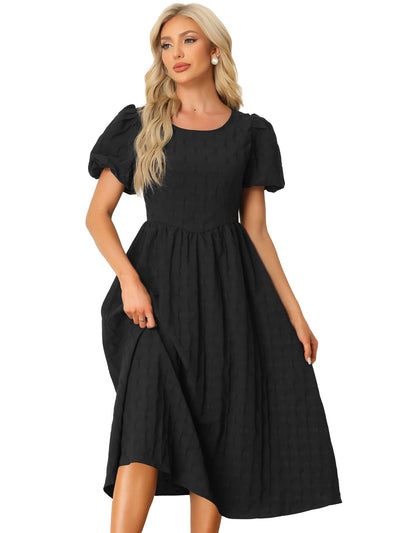 Summer Puff Sleeve Round Neck Solid Textured Fit and Flare Dress