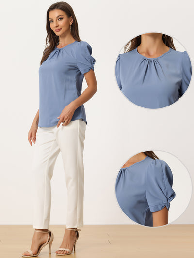 Ruched Sleeve Pleated Front Round Neck Blouse