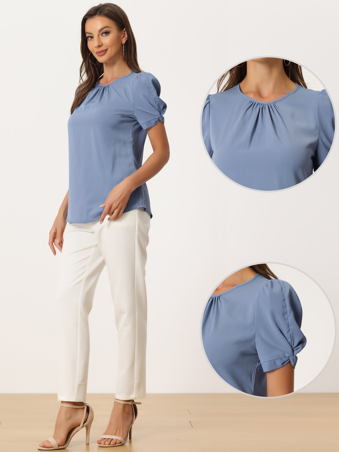 Allegra K Ruched Sleeve Pleated Front Round Neck Blouse
