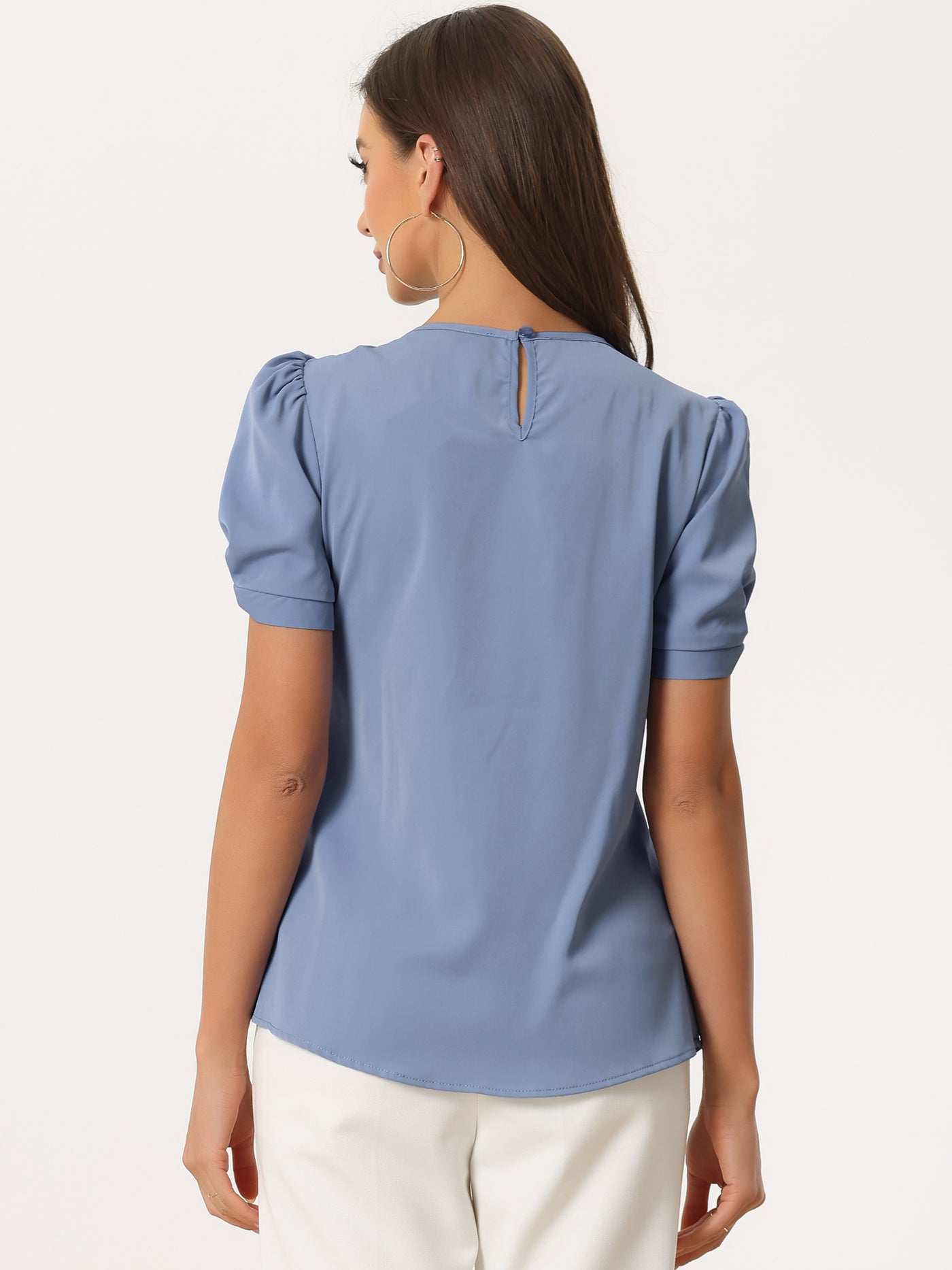 Allegra K Ruched Sleeve Pleated Front Round Neck Blouse