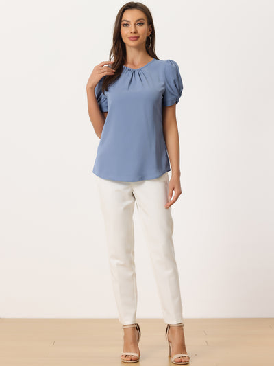 Ruched Sleeve Pleated Front Round Neck Blouse