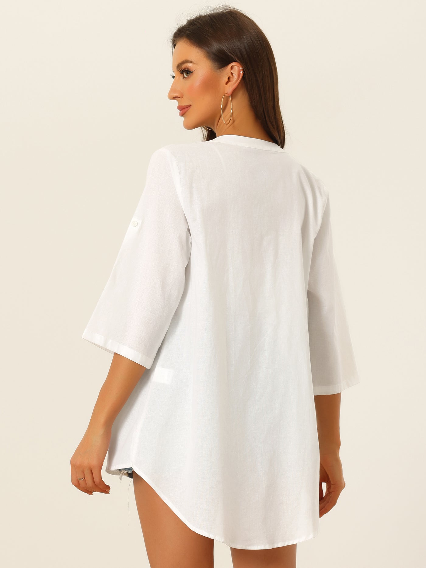 Allegra K Button Down Linen Shirt for Women's V Neck Roll Up Sleeve Summer Casual Cotton Blouse