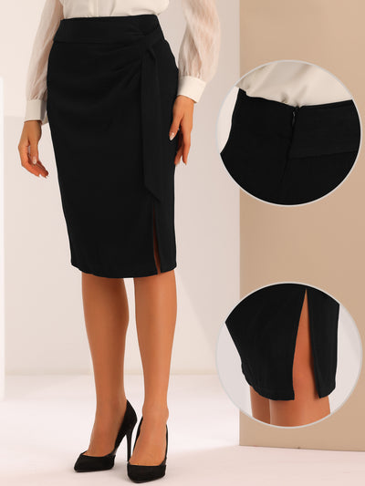 Pencil Skirts for Women's Bow Tie Waist Split Knee Length Bodycon Skirts