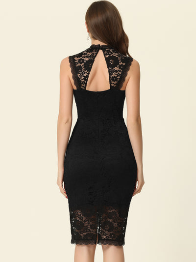 Lace Sleeveless Crew Neck Back Hollow Out Bodycon Midi Dress