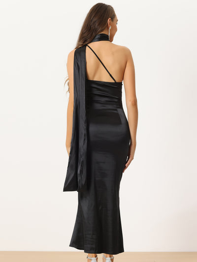 Satin One Shoulder Backless Bridesmaid Cocktail Party Maxi Dress