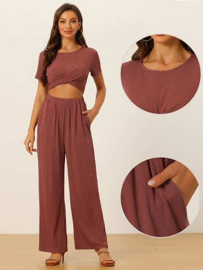 2 Piece Outfits for Women's Shrot Sleeve Front Twist Top Wide Leg Pants Lounge Sets Tracksuits