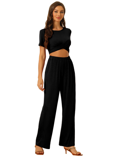 2 Piece Outfits for Women's Shrot Sleeve Front Twist Top Wide Leg Pants Lounge Sets Tracksuits