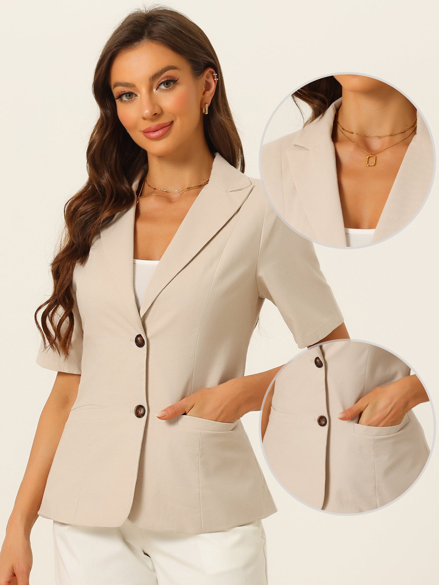 Allegra K Cotton Linen Blazer Office Business Short Sleeve Notched Lapel Blazer Jacket