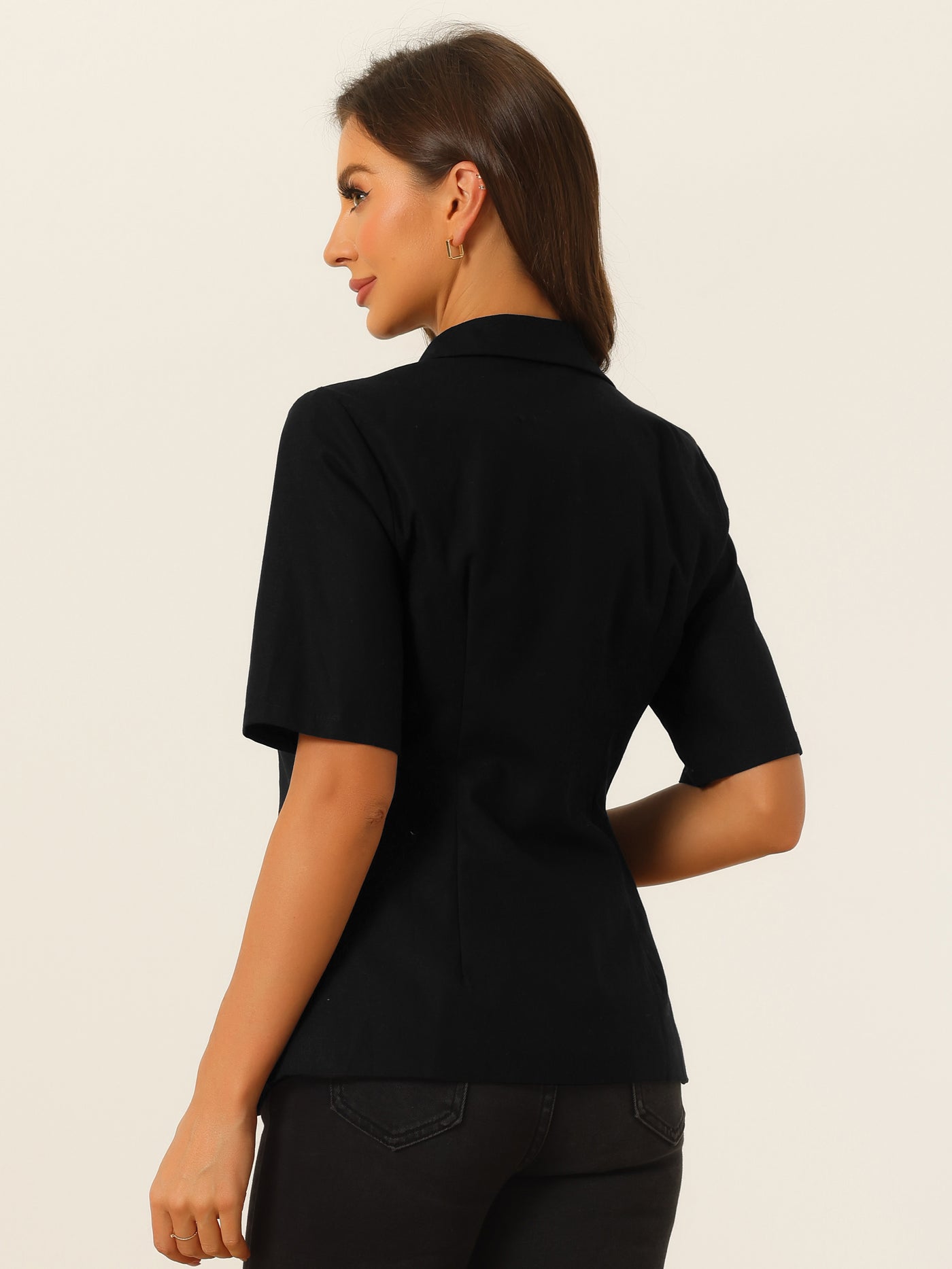 Allegra K Cotton Linen Blazer for Women's Office Business Short Sleeve Notched Lapel Blazer Jacket