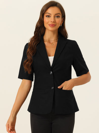 Cotton Linen Blazer for Women's Office Business Short Sleeve Notched Lapel Blazer Jacket