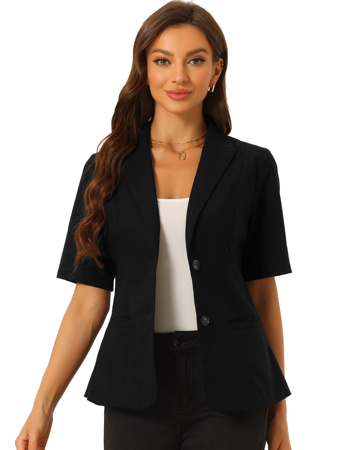 Allegra K Cotton Linen Blazer for Women's Office Business Short Sleeve Notched Lapel Blazer Jacket