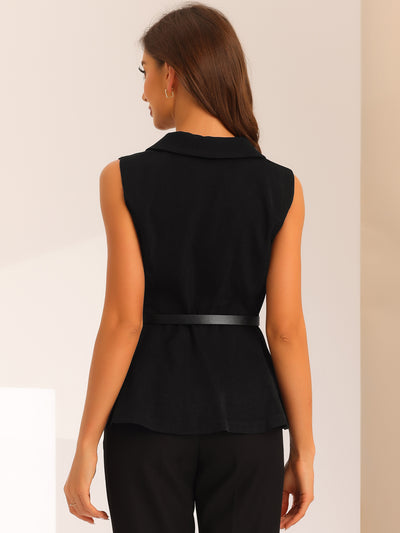 Office Blazer Vest for Women's Lapel Collar Button Down Belted Sleeveless Jacket