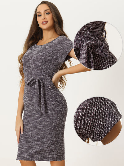 Tweed Round Neck Drop Sleeves Knee Length Belted Midi Dress