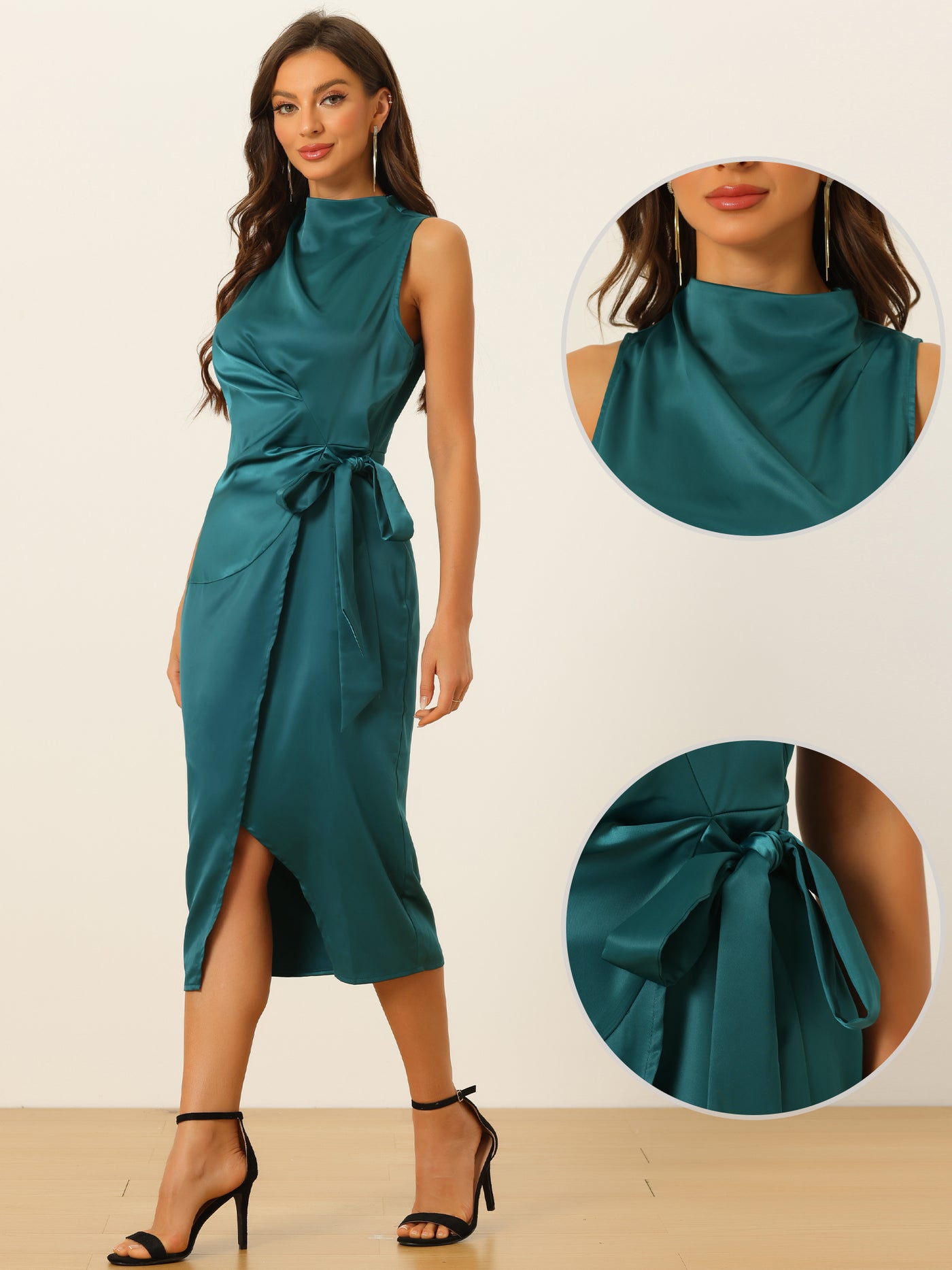 Allegra K Satin Sleeveless Dress for Women's Stand Collar Tie Ruched Waist Dress