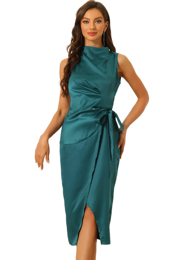 Satin Sleeveless Dress for Women's Stand Collar Tie Ruched Waist Dress