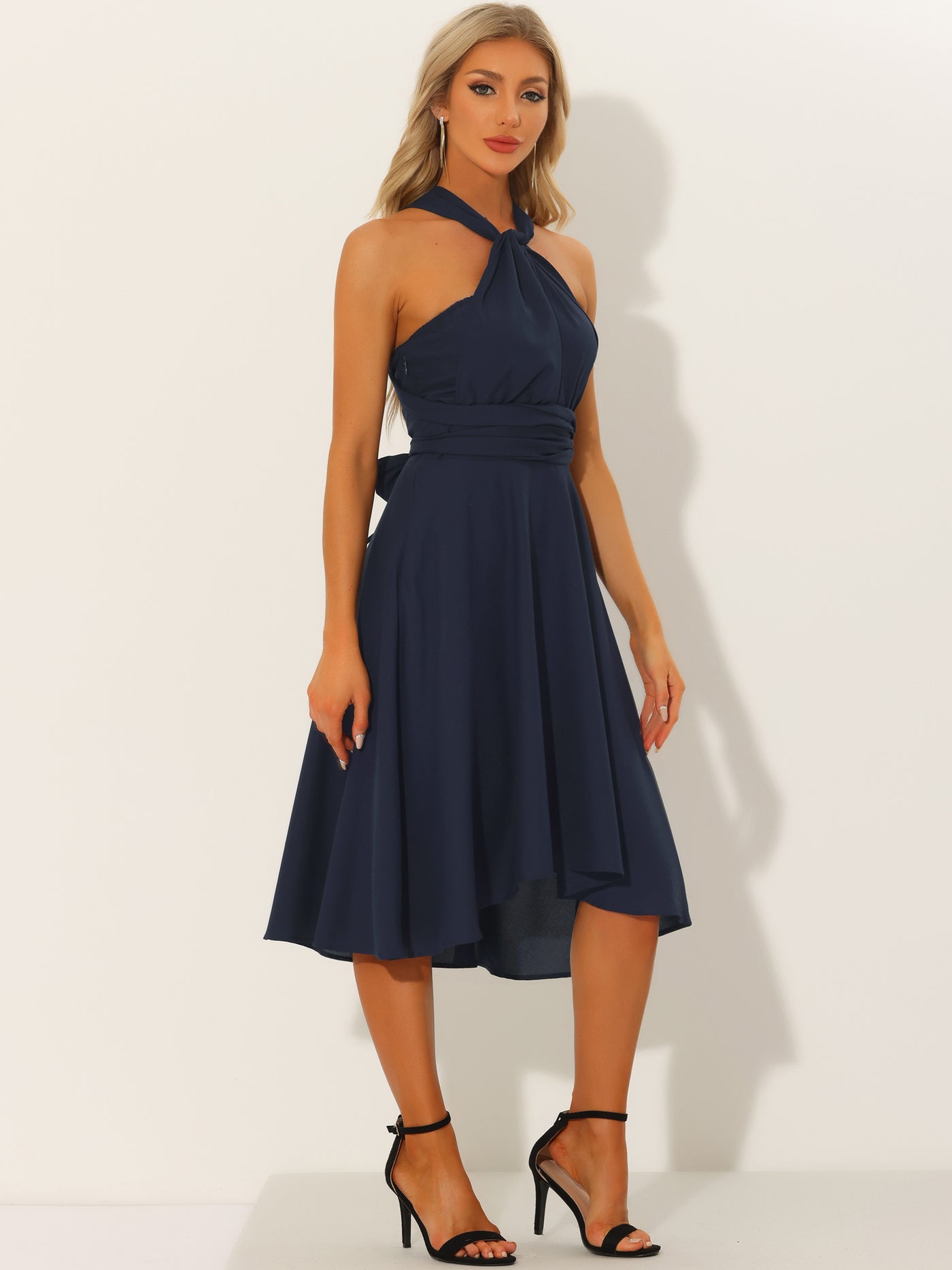 Allegra K Sleeveless Fit and Flare Lace-up Midi Multiway Convertible Dress