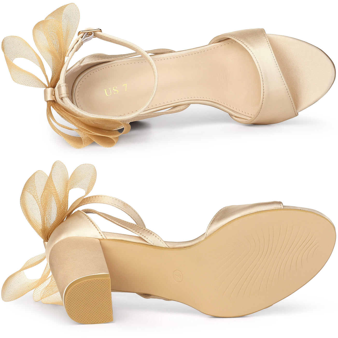 Allegra K Women's Mesh Bow Ankle Strap Open Toe Chunky Heel Sandals