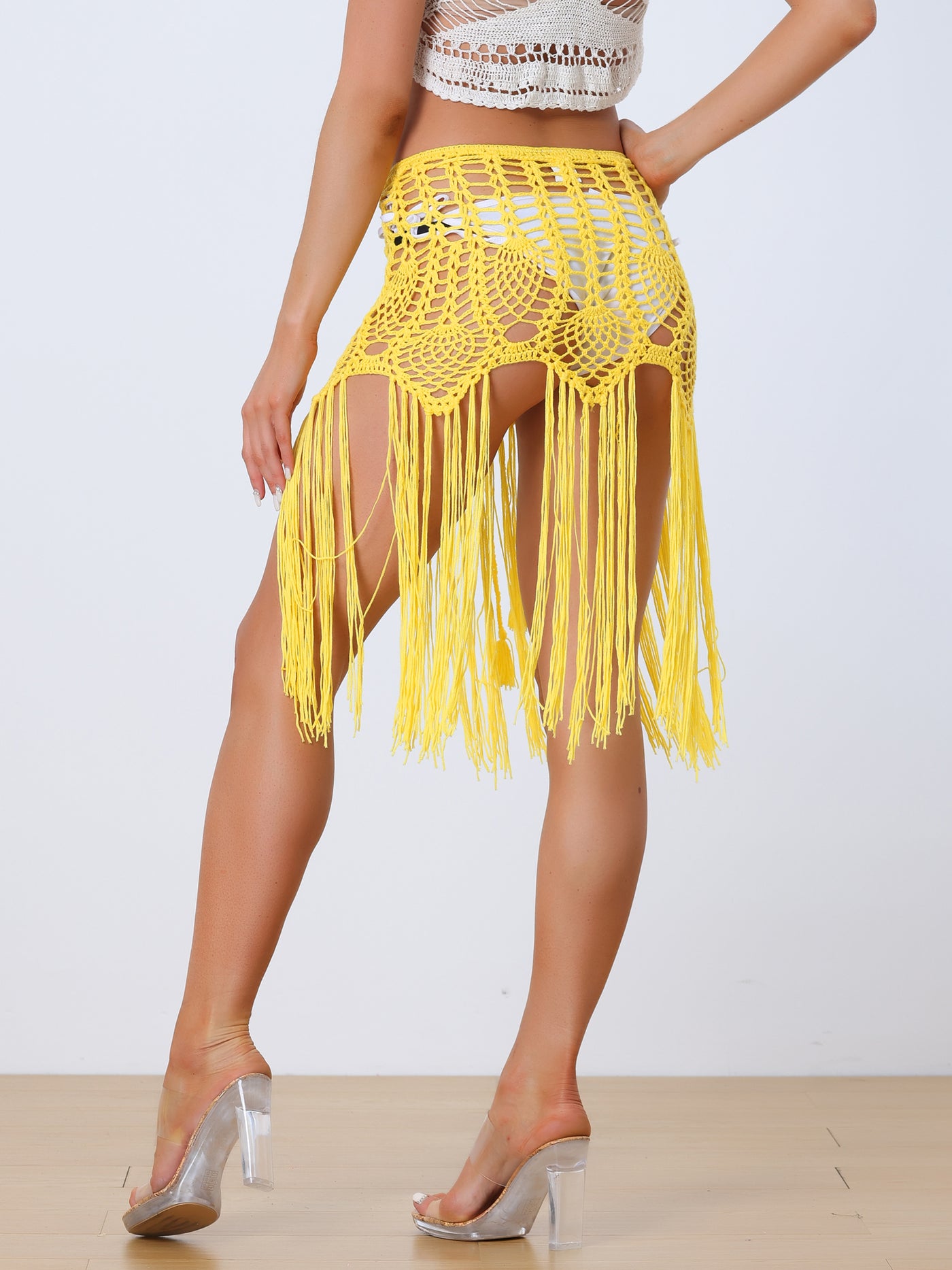 Allegra K Women's Crochet Sexy Summer Beach Swimsuit Tassel Cover-Up Skirt