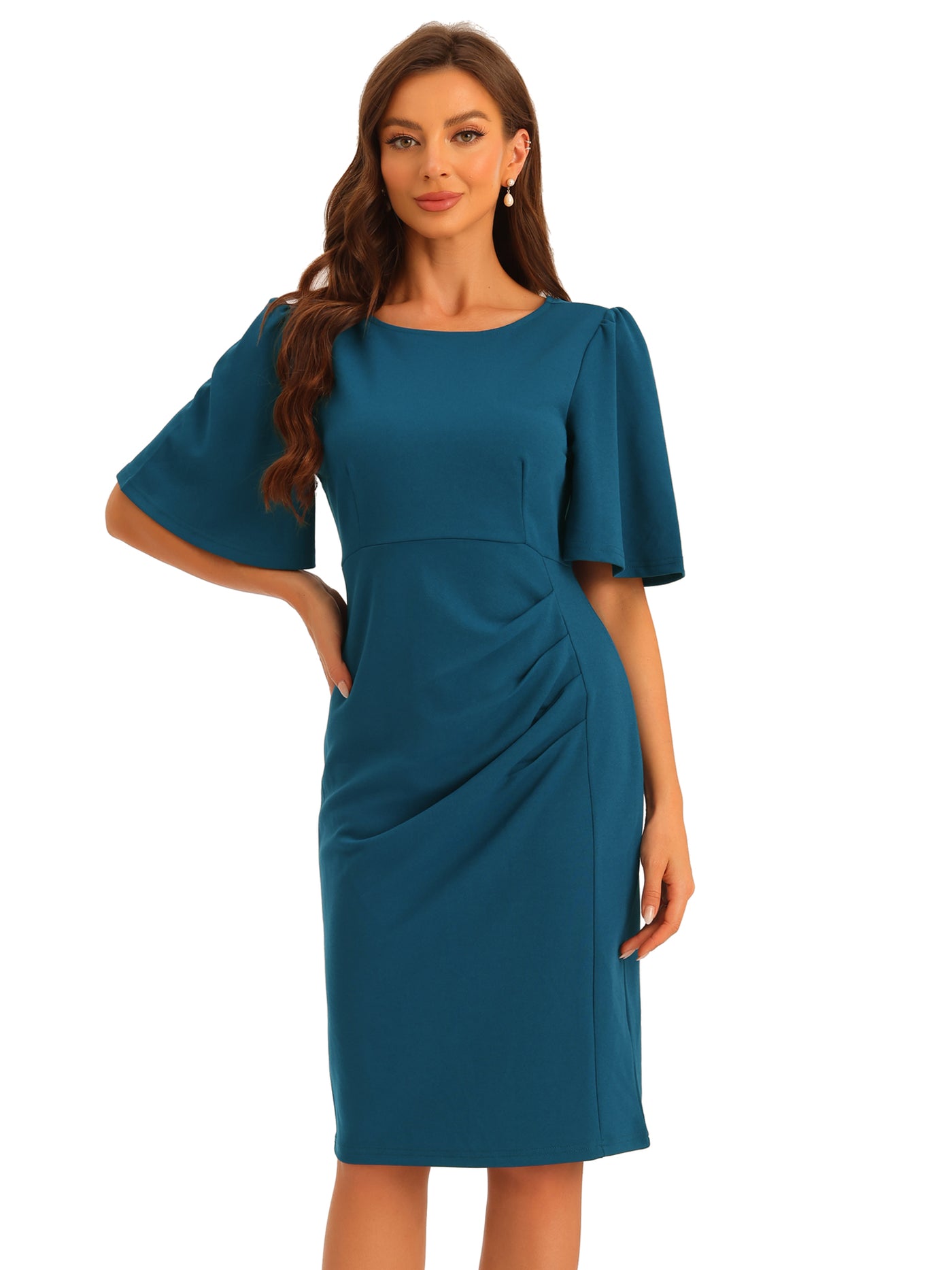 Allegra K Elegant Sheath Dress for Women's Round Neck Ruched Short Flared Sleeve Pencil Dress