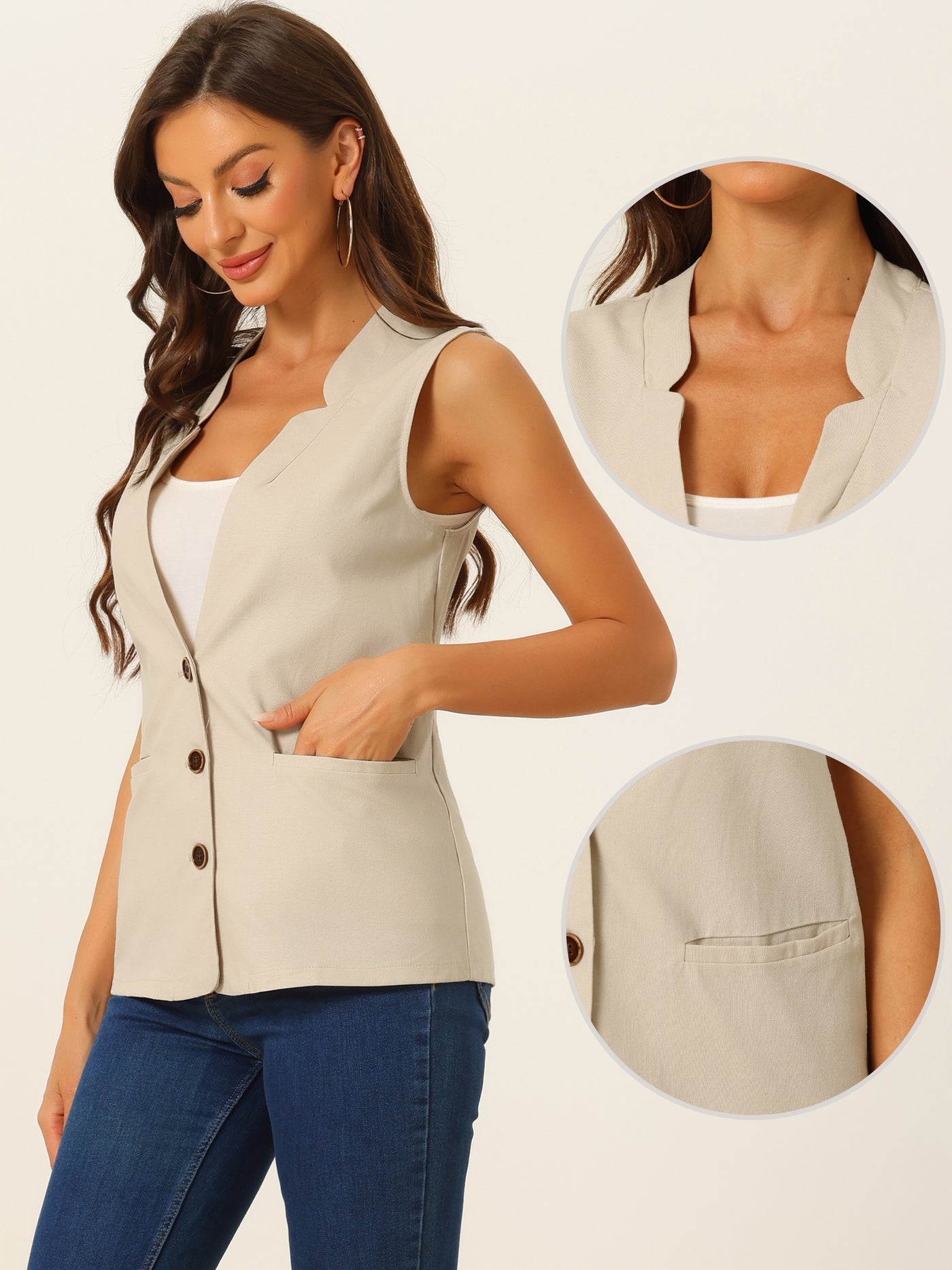 Allegra K Cotton Linen Casual V Neck Button Down Sleeveless Jacket Vest