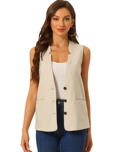Cotton Linen Casual V Neck Button Down Sleeveless Jacket Vest