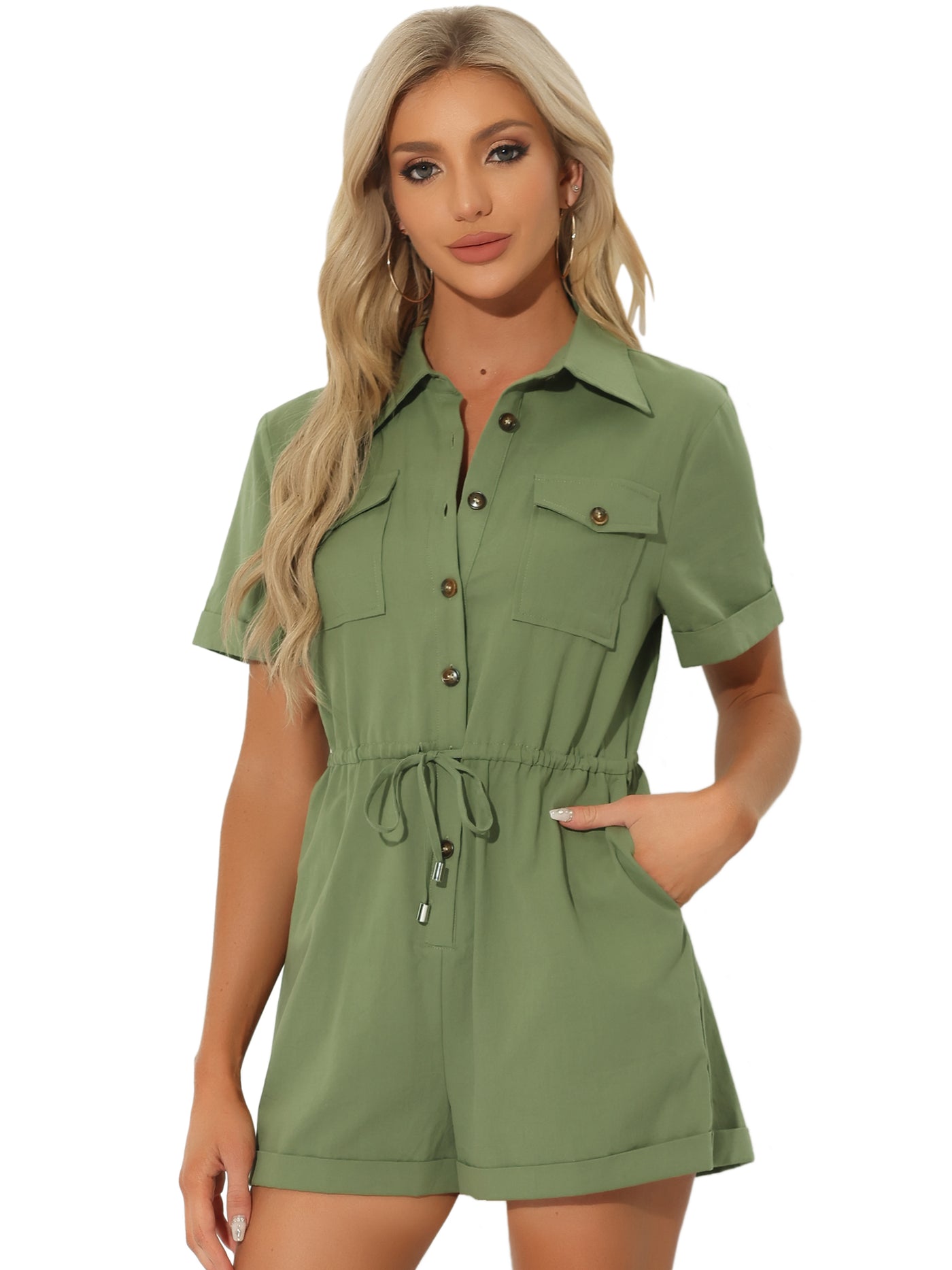 Allegra K Casual Cargo Drawstring Jumpsuit Lapel Collered Two Pockets Shorts Romper