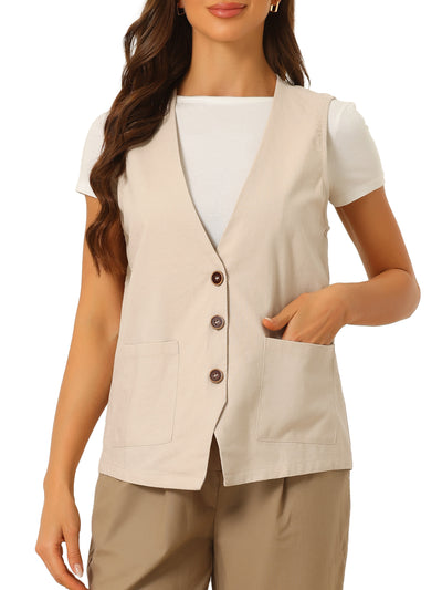 Button Down Vest for Women Linen Sleeveless V Neck Summer Waistcoat