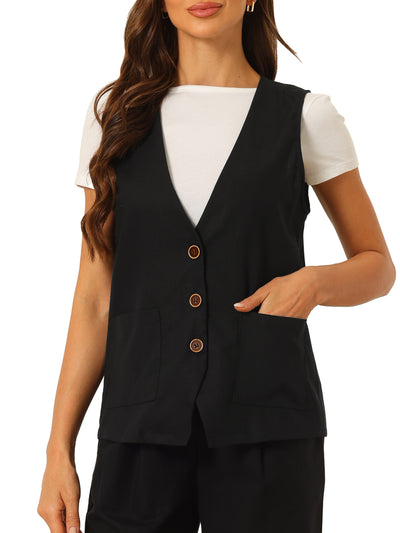 Button Down Vest for Women Linen Sleeveless V Neck Summer Waistcoat