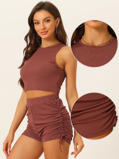 Summer 2 Piece Outfits for Women's Stretchy Ribbed Tank Crop Top Ruched Shorts Set