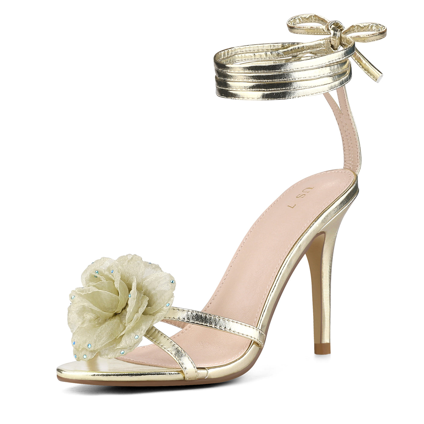Allegra K Women's Flower Rhinestone Open Toe Lace Up Stiletto Heels Sandals