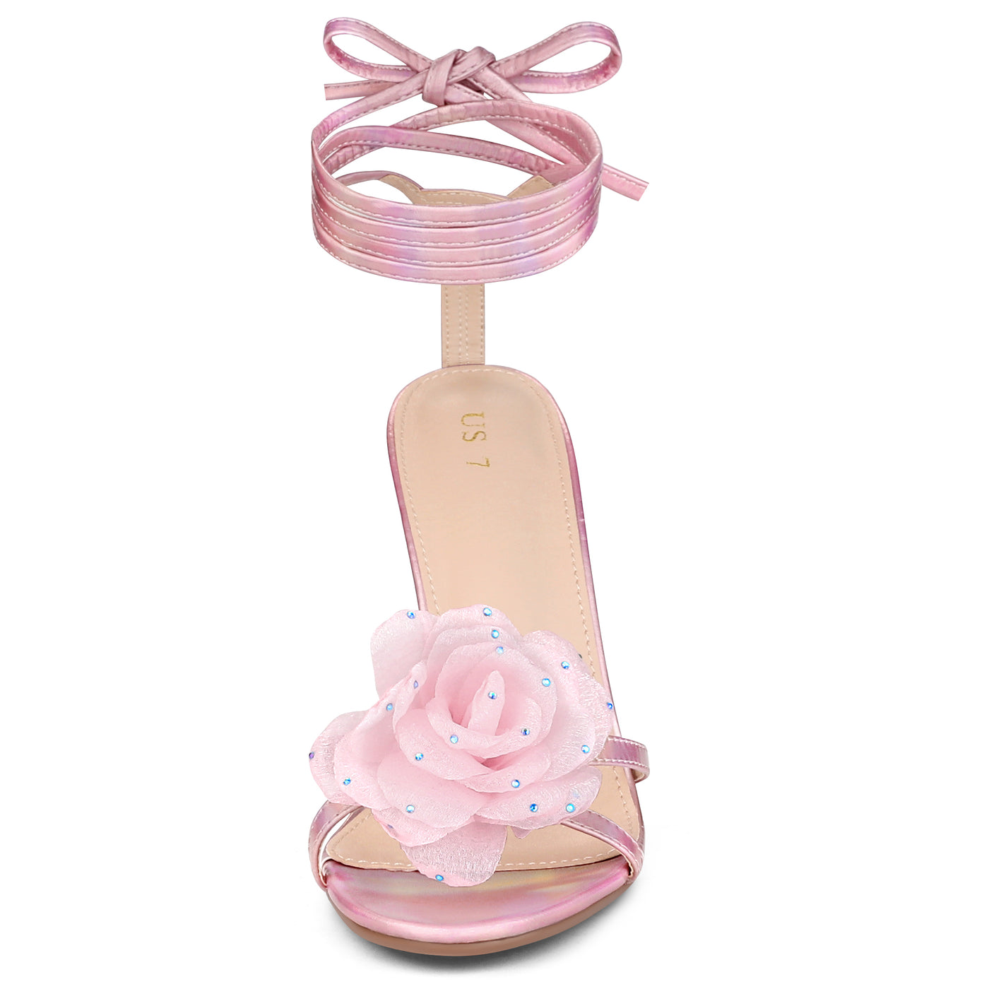 Allegra K Women's Flower Rhinestone Open Toe Lace Up Stiletto Heels Sandals